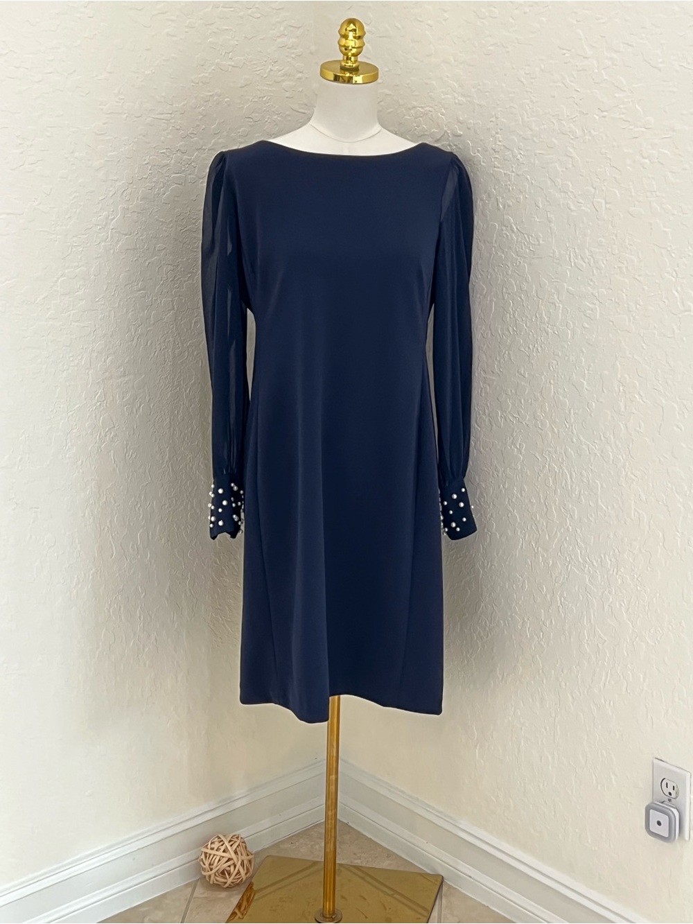 Karl Lagerfeld Navy Long-Sleeve Dress with Pearl Cuffs